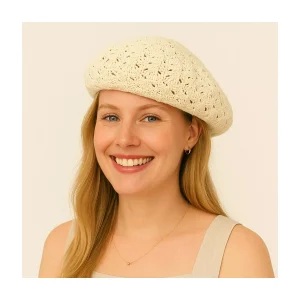 Women's Lightweight Crochet Beret Hat with Open Knit Pattern and Soft Stretch Fit