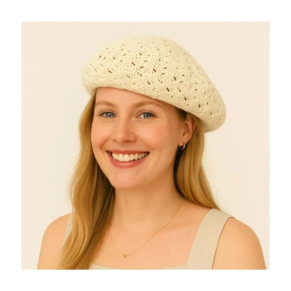 Women's Lightweight Crochet Beret Hat with Open Knit Pattern and Soft Stretch Fit