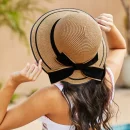 Women's Chic Black Bow Embellished Straw Sun Hat