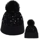 Sparkly Sequin Beanie Hat with Faux Fur Pom Pom Knit Skull Cap for Women